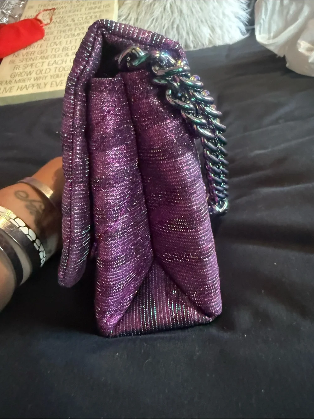 Kurt Geiger Iridescent Purple Quilted Crossbody with Bird Clasp